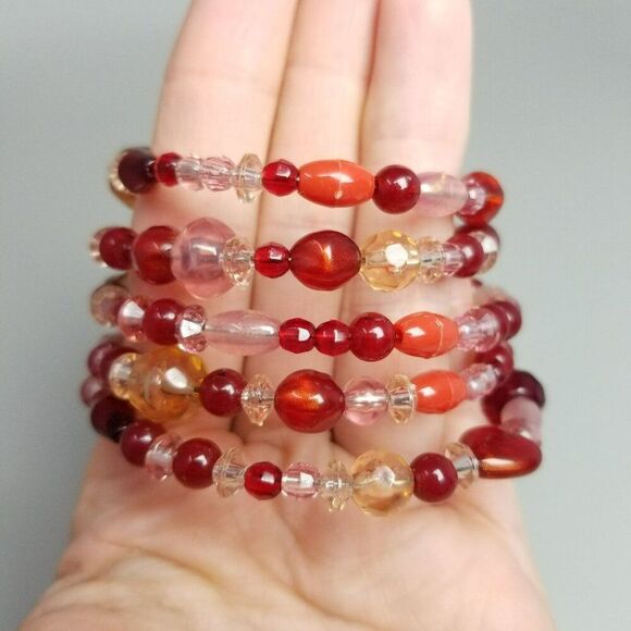 Vintage Red and Pink Memory Wire Coiled Bangle Bracelet, Wide Chunky Estate - Picture 7 of 7